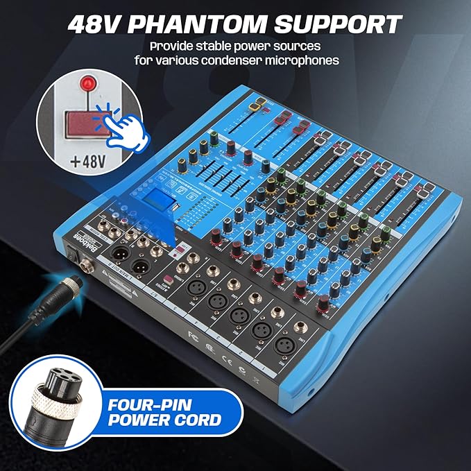 Professional Audio Mixer, 6 Channel, Input 48V Phantom Power Stereo Digital USB - Image 4