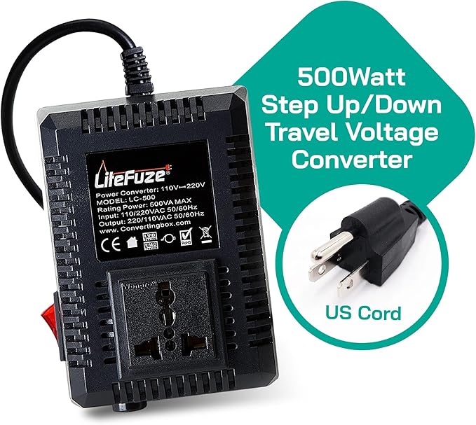 LiteFuze 500 Watt Step Up/Step Down Travel Voltage Converter, 220/110v to - Image 2