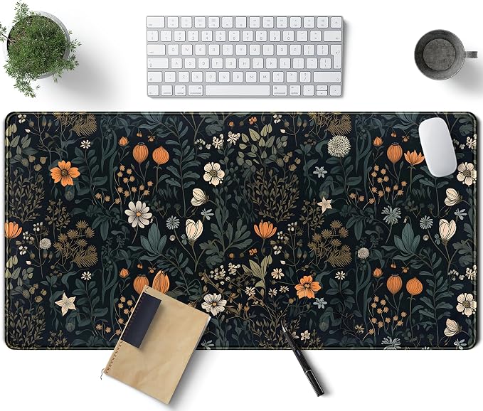 Cute Dark Floral Desk Mat Vintage Flowers Plant Mouse Pad XXL Large Extended by TENG+DA+QING