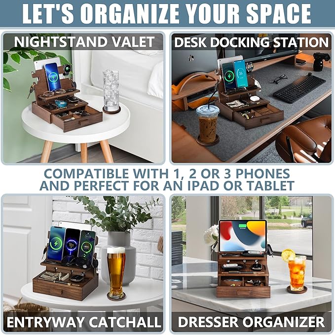 Wood Phone Docking Station for up to 3 Phones, Samsung Galaxy Watch Compatible - Image 3