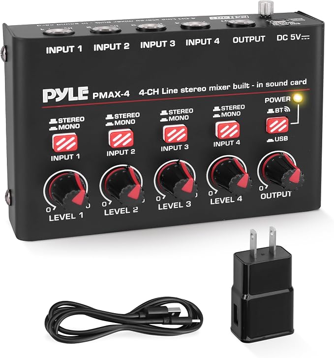 Pyle 4-Channel Wireless Bluetooth 5.0 Line Mixer by PyleUSA