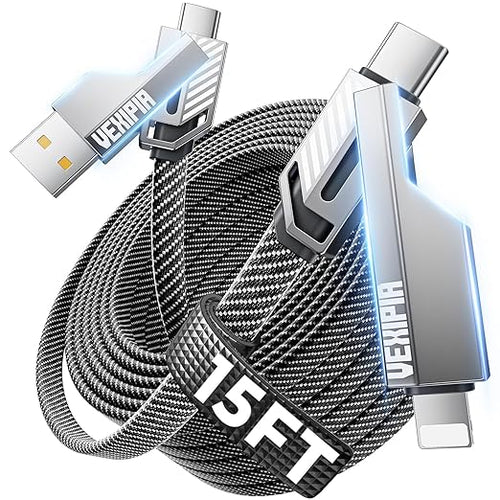4-in-1 Long USB C Cable 45W 15FT Fast Charging Flat Nylon Braided by Vexipia