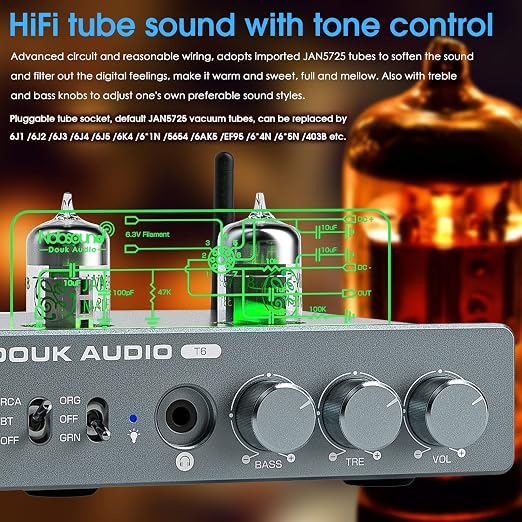 Douk Audio T6 2 Channel 80 watts x2 Bluetooth Tube Amplifier Hi-Fi Stereo Power - Image 4