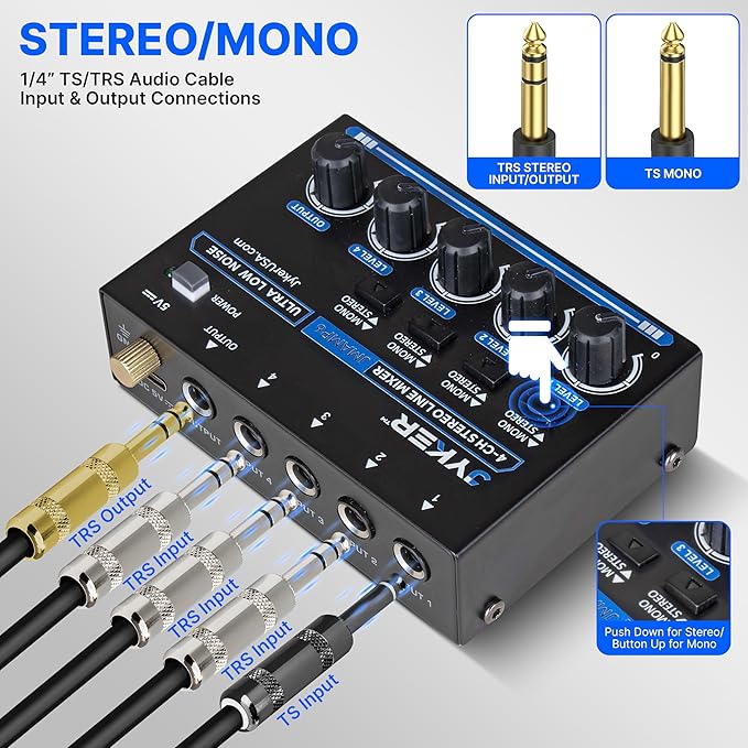 Jyker 4 Channel Stereo Line Mixer, Compact Audio Mixer TS/TRS Line Level Sources - Image 3
