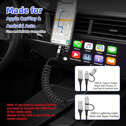 USB to USB-C and Lightning Cable 2 in 1 Coiled Cable Support Aple Carplay & - Image 2