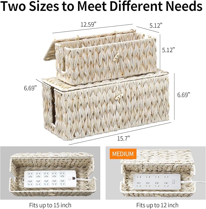 Cable Management Box, Boho Decorative Handwoven 2 Open Slots Cord Organizer - Image 4