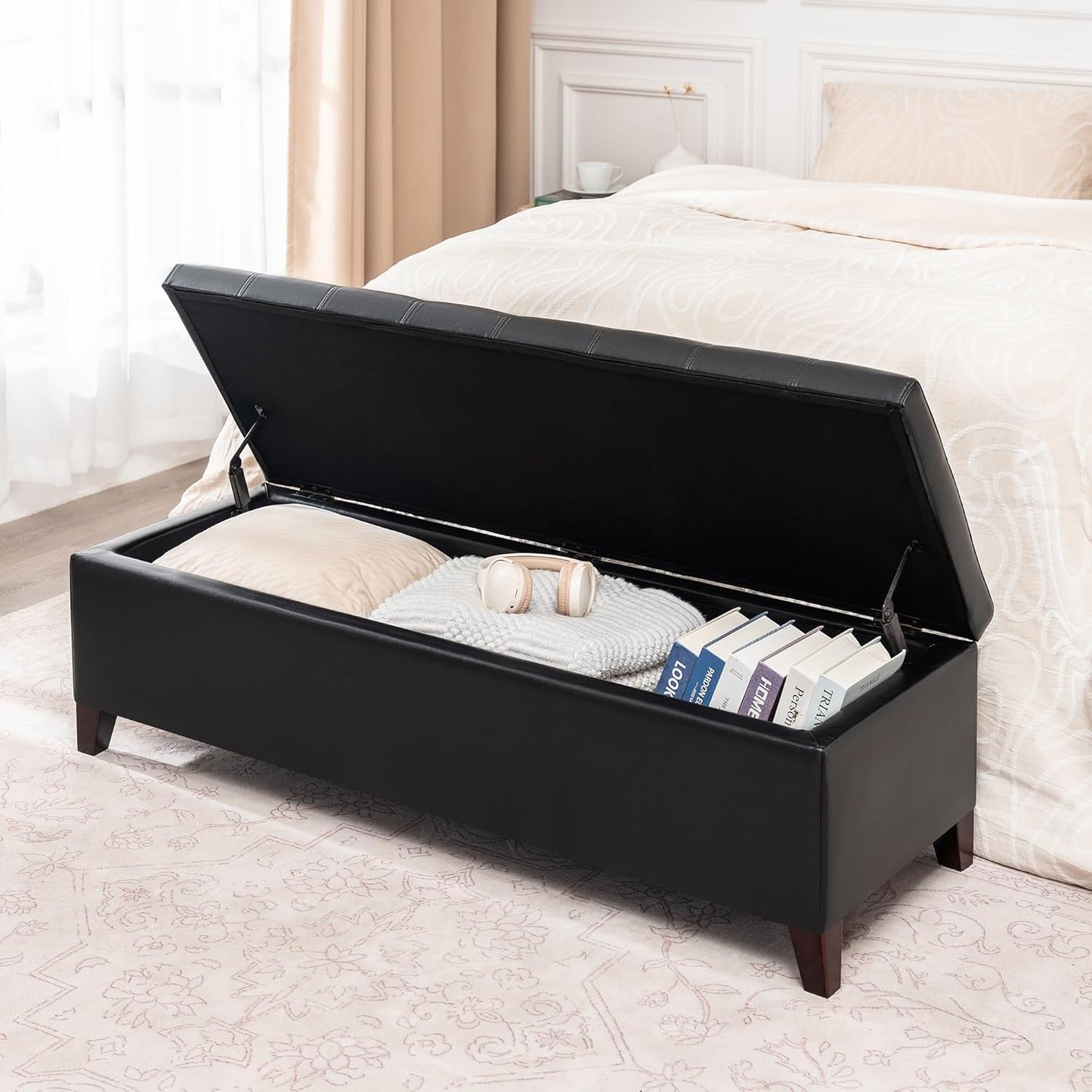 Joveco Storage Ottoman Bench, 51 Inch Leather Tufted Upholstered Bench for End Foot of Bed, Bedroom, Living Room, Black