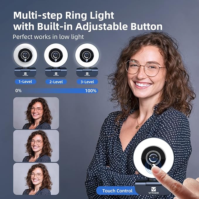 Streaming Webcam with Adjustable Ring Light, Full HD 1080P Webcam with Dual - Image 4