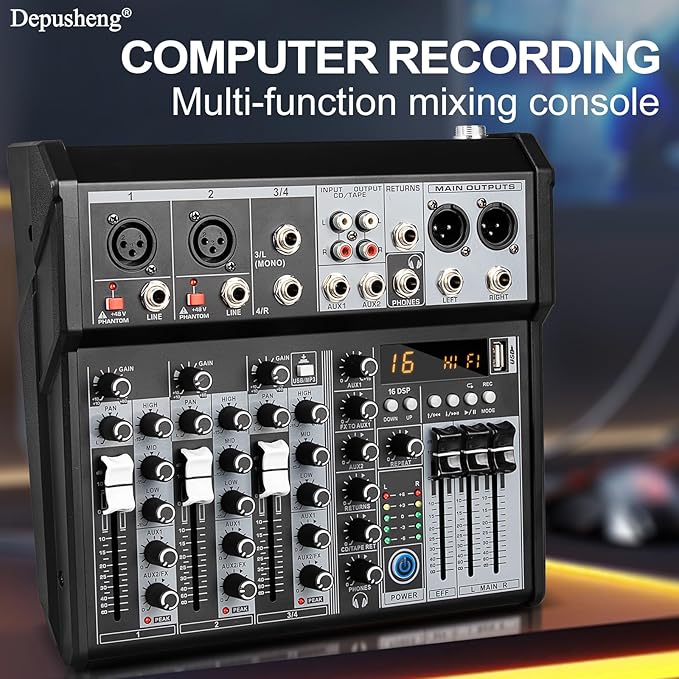 Depusheng Professional Audio Mixer, 4 Channel Audio Interface Sound Board - Image 2