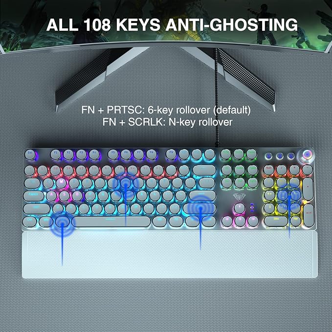 AULA F2088 Typewriter Style Mechanical Gaming Keyboard, Rainbow LED Backlit - Image 6