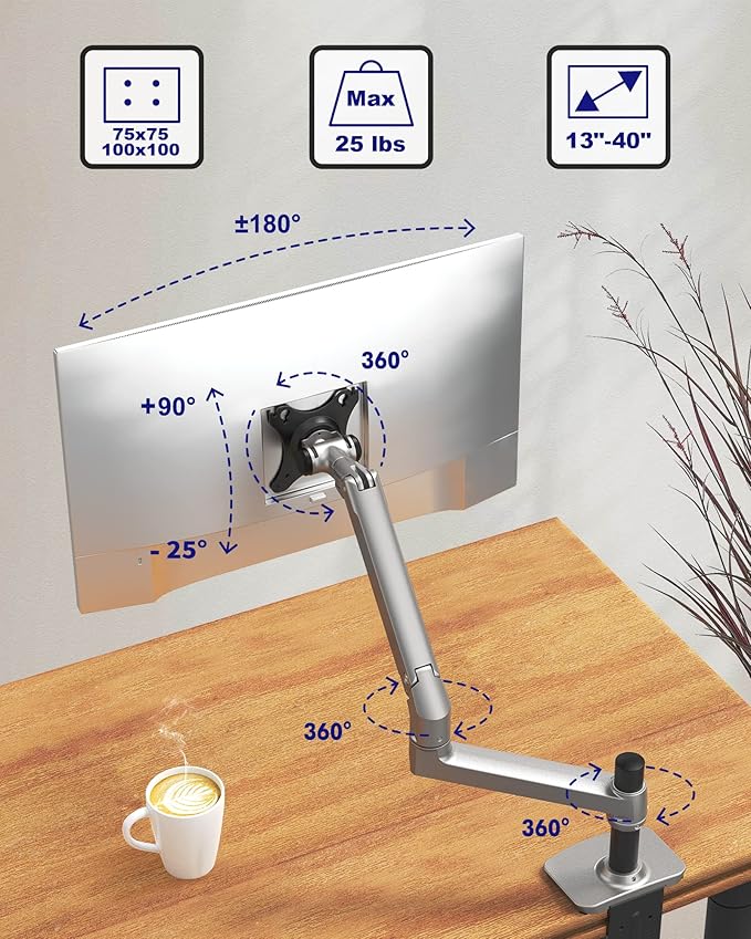 Single Monitor Arm Desk Mount, Holds Screens up to 40 Inches and 25 lbs - Image 2