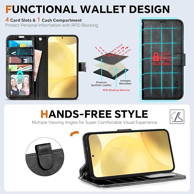 TUCCH Wallet Case for Galaxy S25, 2 in 1 Wrist Strap RFID Blocking PU Leather - Image 5