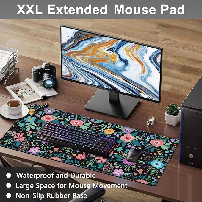 Mouse Pad, Large Colorful Flowers and Plants Desk Mat, Extended Non-Slip Gaming - Image 6
