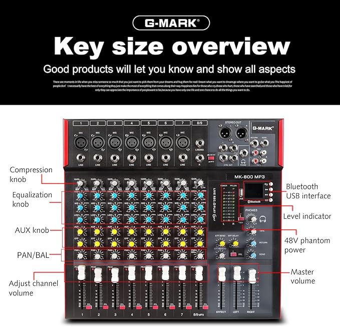G-MARK MK800MP3 Professional Audio Mixer Sound Board 8 Channels Mixing Console - Image 6