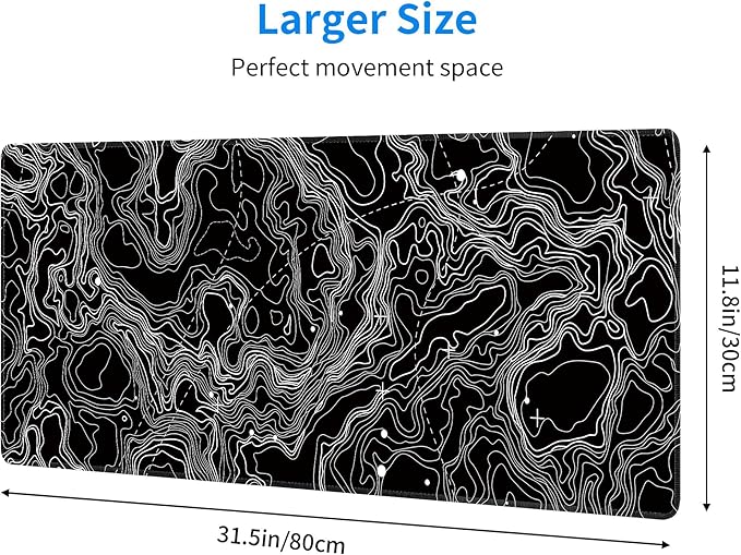 Black with White Topographic Line Large Mouse Pad, Gaming Keyboard Desk Pad - Image 3