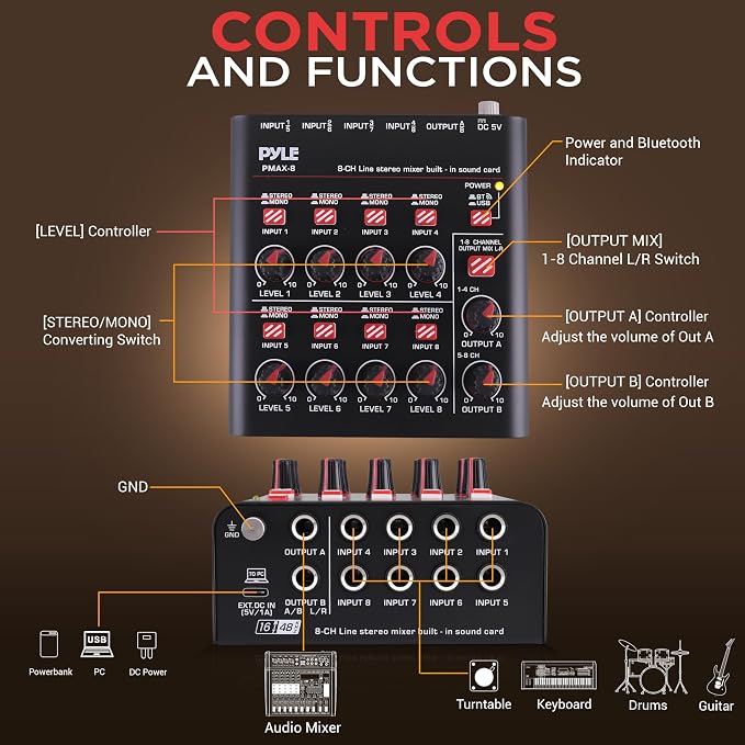 Pyle 8-Channel Wireless BT Streaming Mini Line Mixer - Image 2