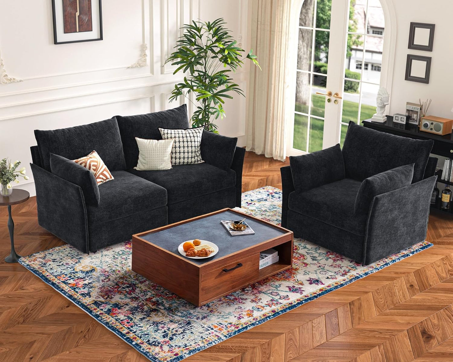 135.5" Oversized Modular Sectional Sofa, L Shaped Convertible Couch with Movable Ottoman, 5 Seat Corner Couches for Living Room Deep Seat Black Chenille