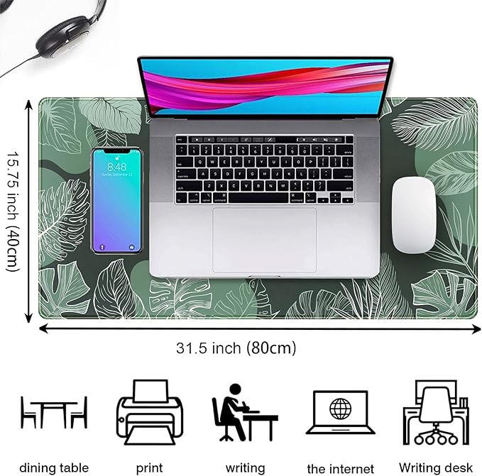 Green Plants Desk Mat Tropical Leaves Mouse Pad Cute, Large Extendded Gaming - Image 2