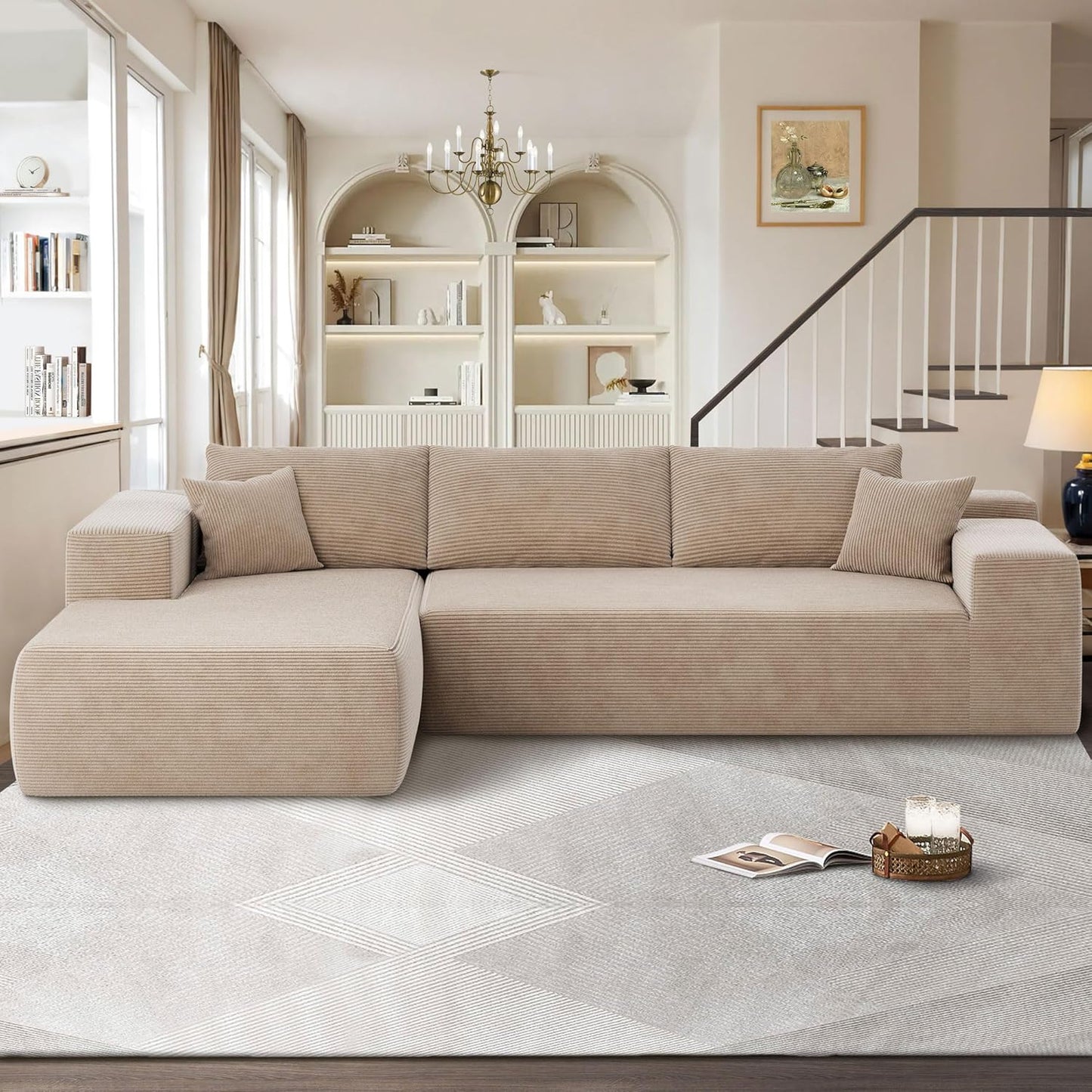 104" Cloud Sectional Couches for Living Room,L Shaped Boneless Couch in A Box,Sleeper Sofa with Comfy Chaise No Assembly Required,Camel