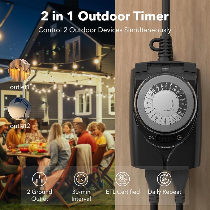 HBN Outdoor Timer Outlet Waterproof, 24 Hour Mechanical Light Timers - Image 2