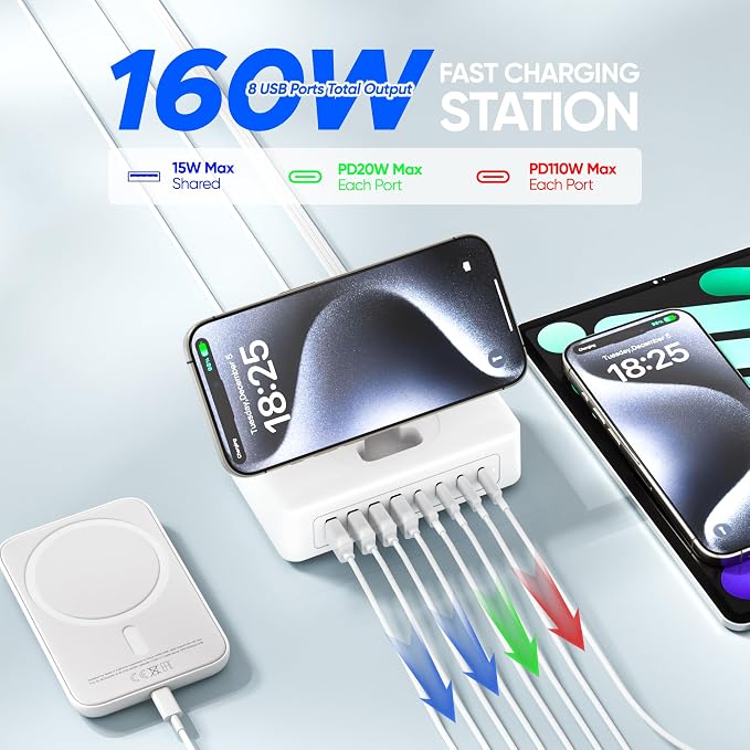 160W USB Charging Station Power Strip, 11-in-1 USB C Charger Block, 2AC Outlets - Image 4