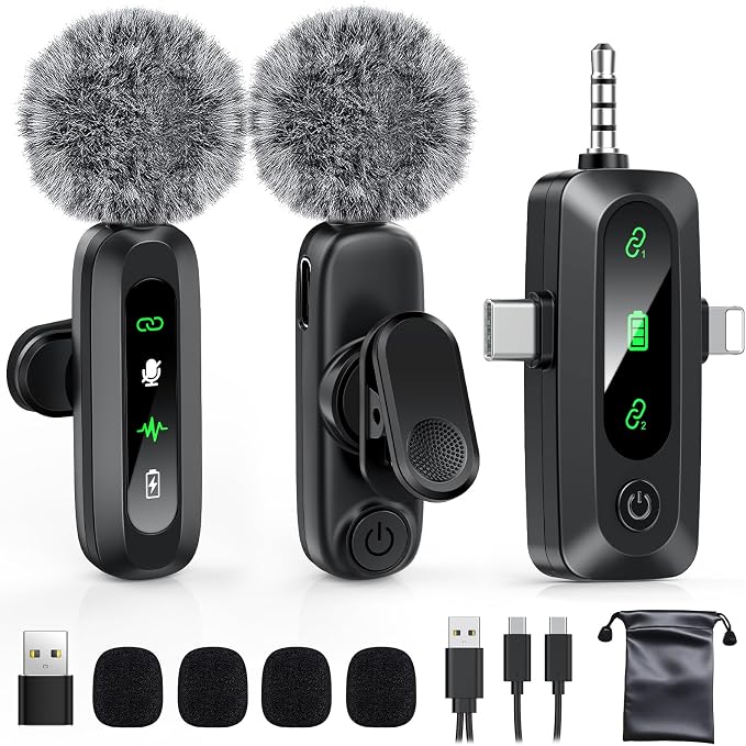 Wireless Lavalier Microphone for iPhone, USB C, Camera Video Recording 4 in 1 by GoorDik