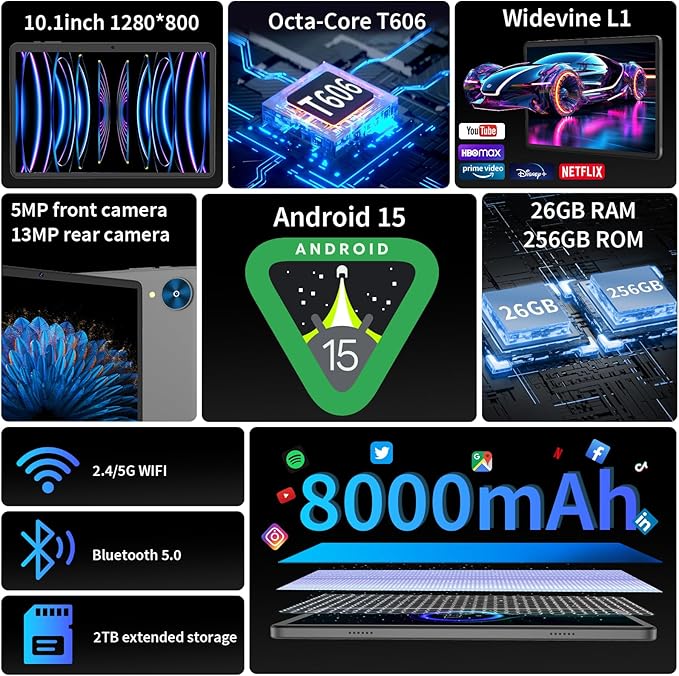 Android 15 Tablet with Keyboard, 26GB+256GB, 10.1 Inch Tablet 8000 mAh Battery - Image 2