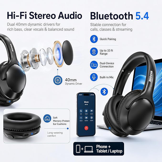 MIDOLA Bluetooth Headphones Over Ear 68H Playtime 6 EQ Wireless Headset - Image 9