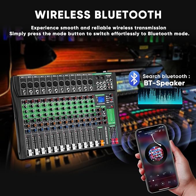 12 Channel Audio Mixer, Professional DJ Mixer Board Sound Music Mixing Console - Image 2