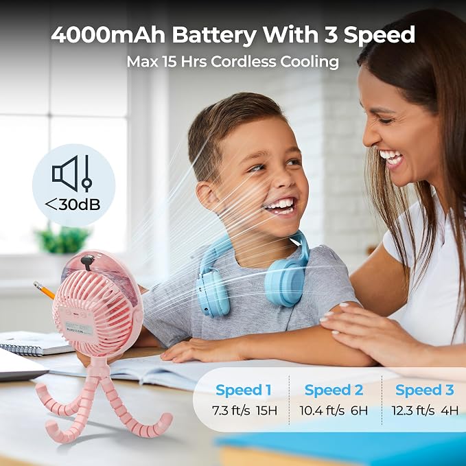 Misting Baby Stroller Fan, 4000mAh Rechargeable Battery Operated, 270°Pivoting - Image 3