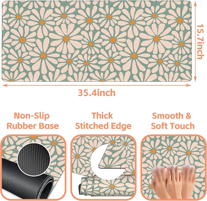 Mouse Pad Large Boho with Daisy Flowers Non-Slip Gaming Desk Mat with Stitched - Image 3