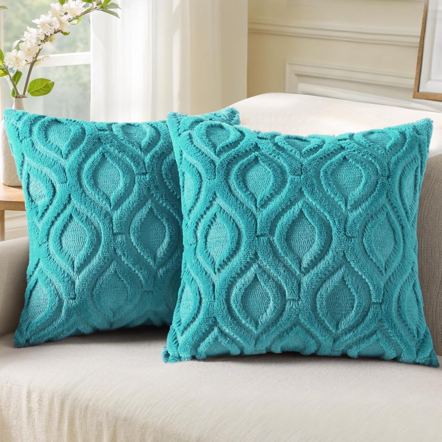 decorUhome Fall Throw Pillow Covers 20x20 Inch Set of 2, Soft Plush Decorative Faux Fur Turquoise Solid Couch Pillow Covers, Accent Farmhouse Neutral Square Euro Pillow Cases for Sofa Bed Living Room