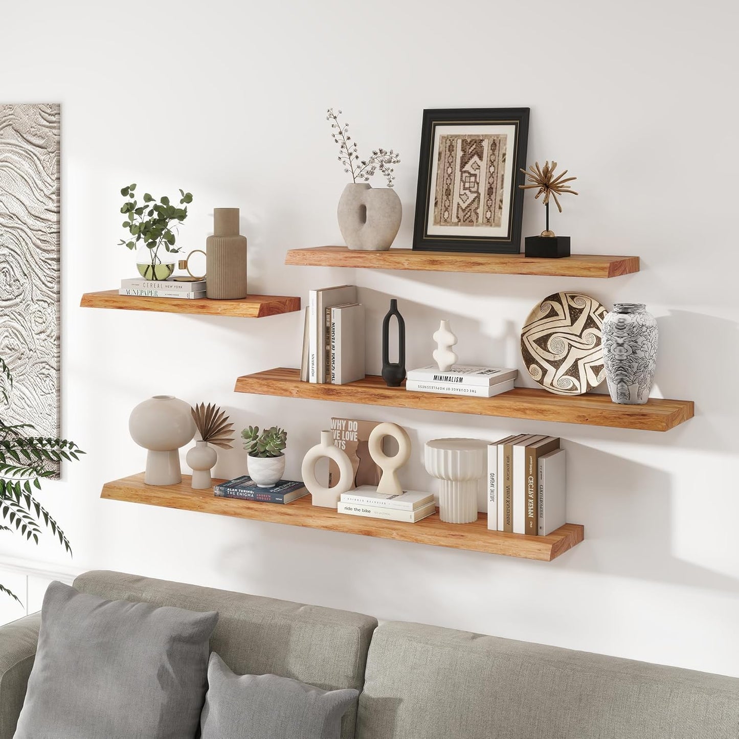 RICHFOCUS Live Edge Elm Floating Shelves - 24" W x 9.3" D Rustic Solid Wood Wall Shelves with Invisible Bracket, Wall-Mounted for Living Room, Bedroom, Kitchen Storage & Display, Set of 2, Natural