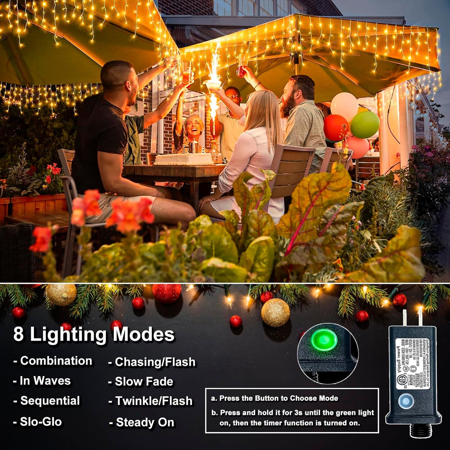 Icicle Christmas Lights, 98FT 1216 LED Icicle Lights for Outside with 228 Drops, 8 Modes Waterproof Twinkle String Lights for House Bedroom Wedding Holiday Decorations, Warm White