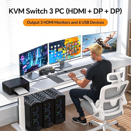 USB 3.0 KVM Switch 3 Monitors 3 Computers Displayport HDMI, Triple Monitor KVM - Image 2