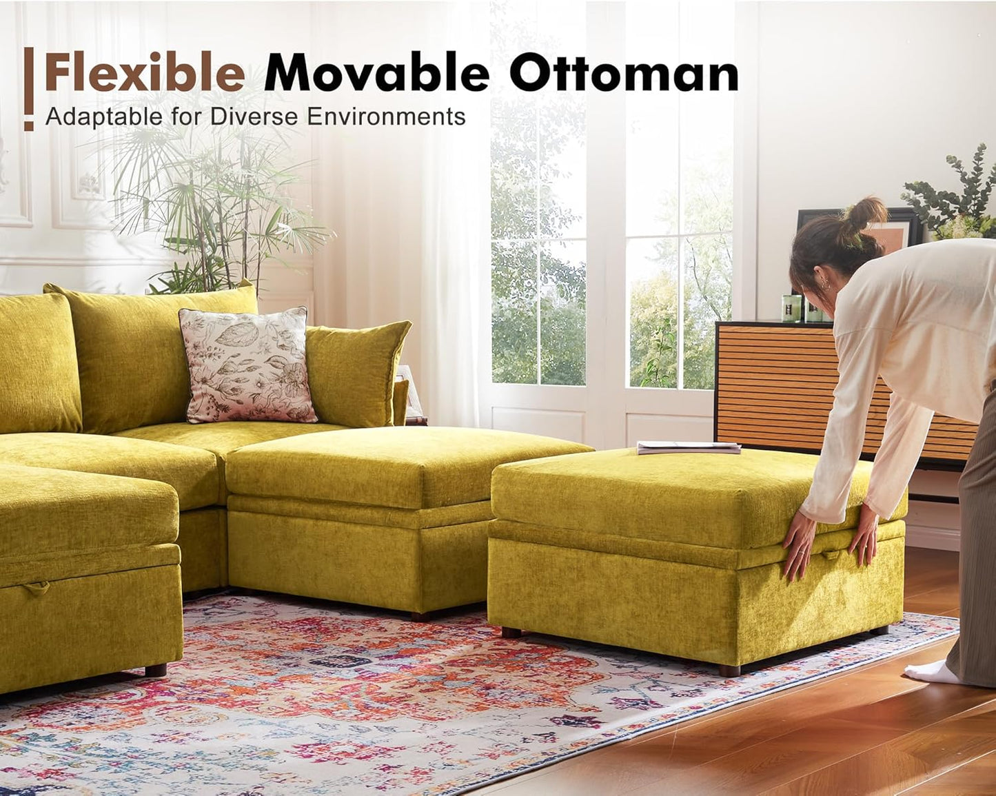 134.6" Luxury Modular Sectional Convertible Sofa with Storage Ottoman, L-Shape 5-Seat Oversized Comfy Couch Deep Seat with Reversible Chaise - Chenille Yellow