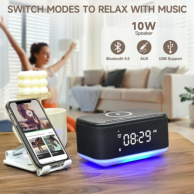 Alarm Clock Speaker Wireless Charger, Digital Alarm Clocks Bedrooms Bluetooth - Image 6