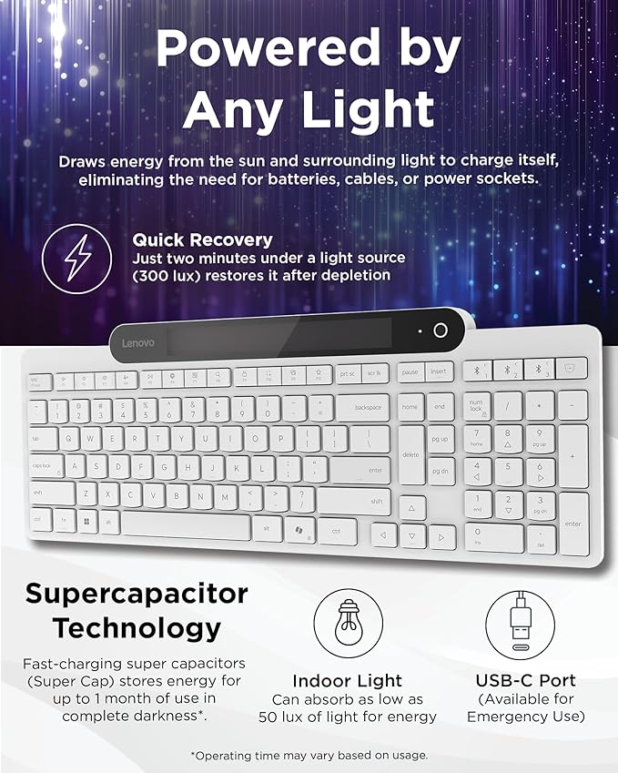 Lenovo 800 Self-Charging Bluetooth Keyboard, Uses Ambient Light - Image 3