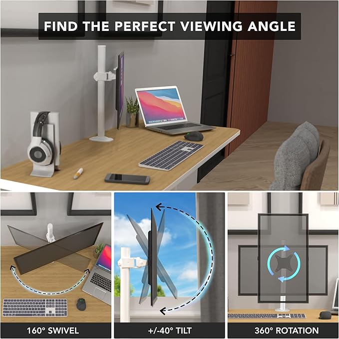 Mount-It! White Single Monitor Stand – Adjustable Desk Arm - Image 3