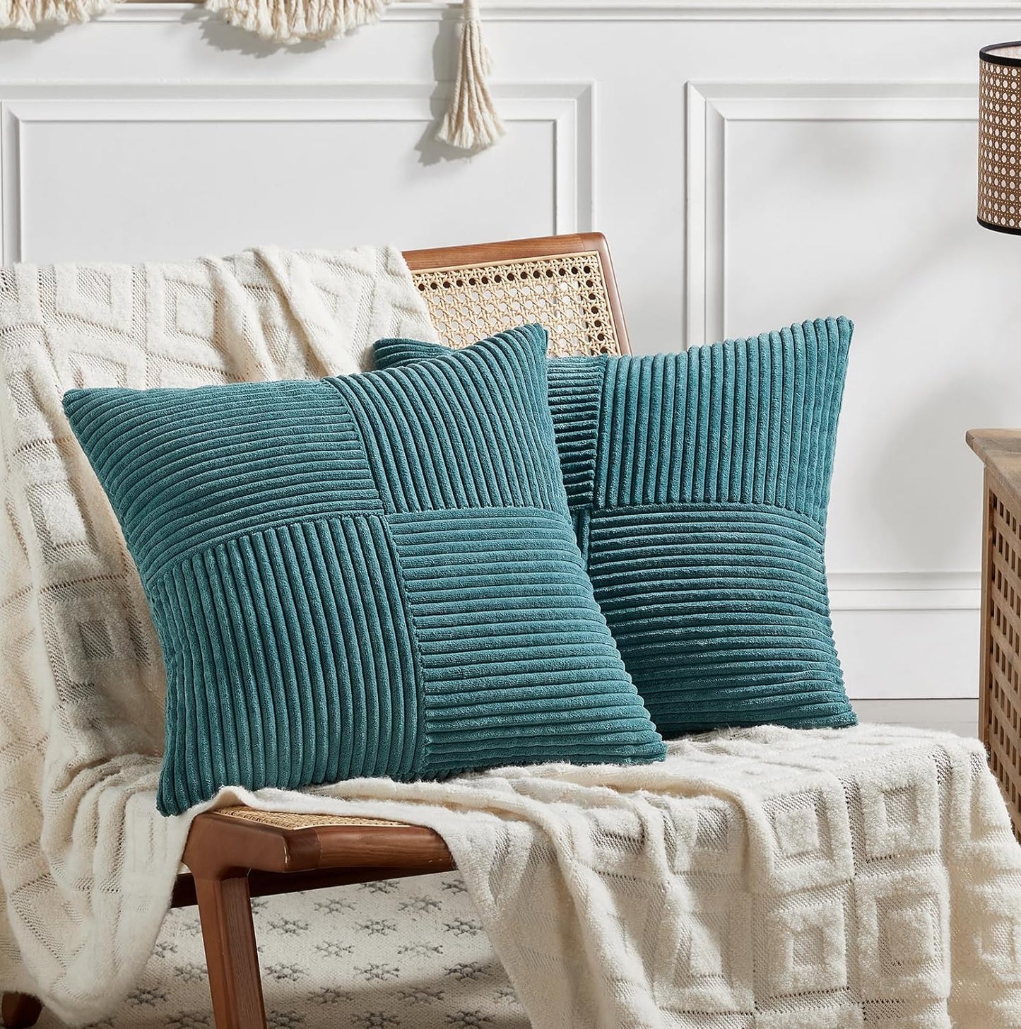 Fancy Homi 2 Packs Teal Decorative Throw Pillow Covers 22x22 Inch for Living Room Couch Bed Sofa, Rustic Farmhouse Boho Home Decor, Soft Corss Corduroy Patchwork Accent Square Cushion Case 55x55 cm