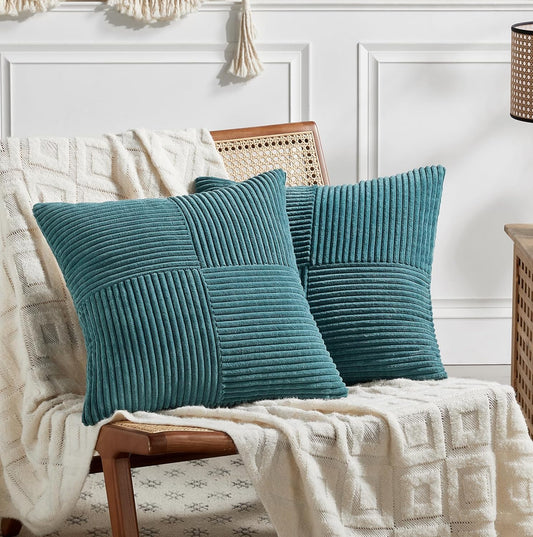 Fancy Homi 2 Packs Teal Decorative Throw Pillow Covers 22x22 Inch for Living Room Couch Bed Sofa, Rustic Farmhouse Boho Home Decor, Soft Corss Corduroy Patchwork Accent Square Cushion Case 55x55 cm