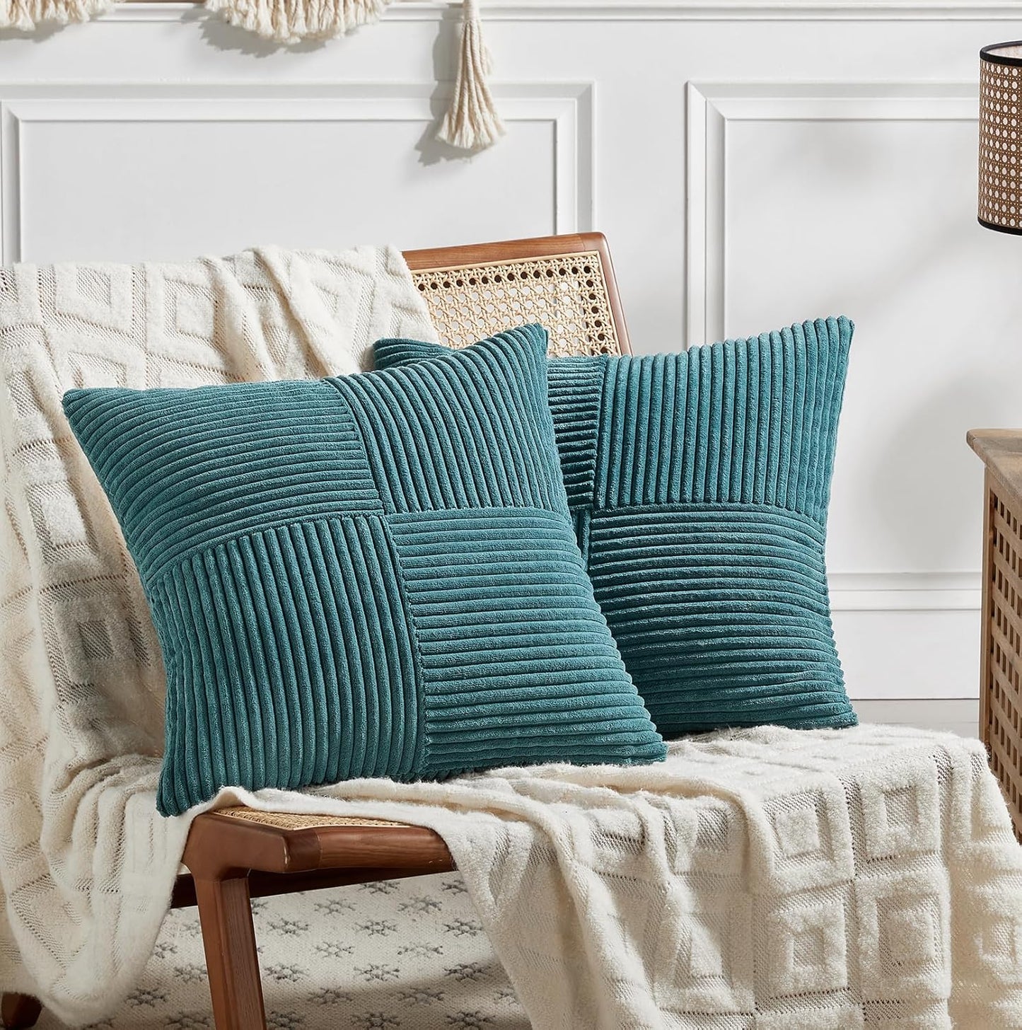 Fancy Homi 2 Packs Teal Decorative Throw Pillow Covers 16x16 Inch for Living Room Couch Bed Sofa, Rustic Farmhouse Boho Home Decor, Soft Corss Patchwork Corduroy Textured Square Cushion Case 40x40 cm