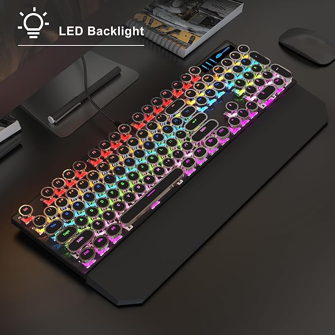 MageGee Typewriter Mechanical Gaming Keyboard, Retro Black Punk Round Keycaps - Image 2