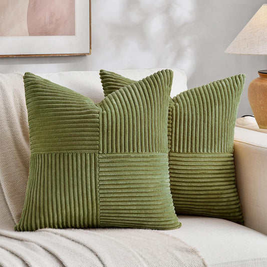 Fancy Homi 2 Packs Moss Green Big Decorative Throw Pillow Covers 24x24 Inch for Couch Bed Sofa, Rustic Farmhouse Boho Home Decor, Soft Corss Corduroy Patchwork Accent Square Cushion Case 60x60 cm