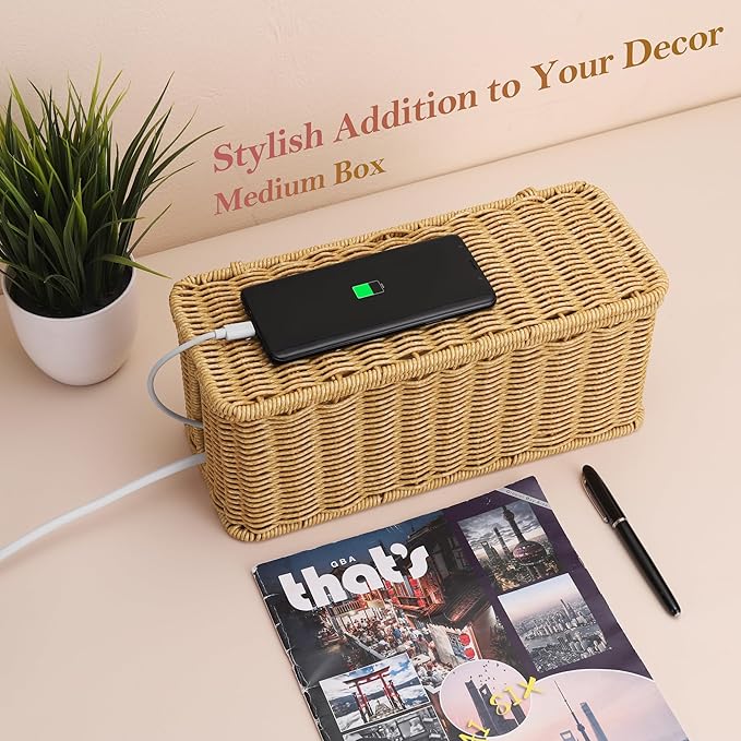 2Pack Large Cable Management Box, Handwoven Imitation Rattan Cord Organizer - Image 5