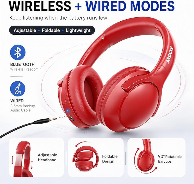 MIDOLA Bluetooth Headphones Over Ear 68H Playtime 6 EQ Wireless Headset - Image 3
