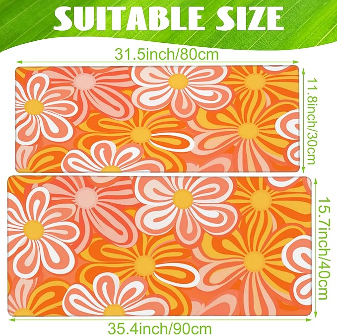 Desk Pad - Hippie Vintage Orange Flowers Desk Mat, Retro Floral Large Gaming - Image 2