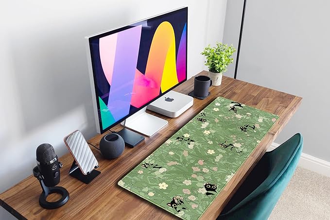 Cute Green Leaves Pink Flowers Mouse Pad Desk Pad Kawaii Anime Cat Desktop - Image 6