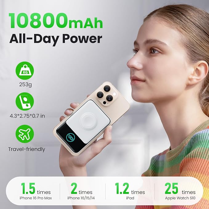 Magnetic Portable Charger for iPhone, 3-in-1 10800mAh Qi2 15W Wireless Power - Image 4