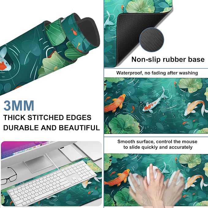 Colorful Koi Fish Gaming Mouse Pad 3mm Thick Stitched Edge Waterproof Non-Slip - Image 2